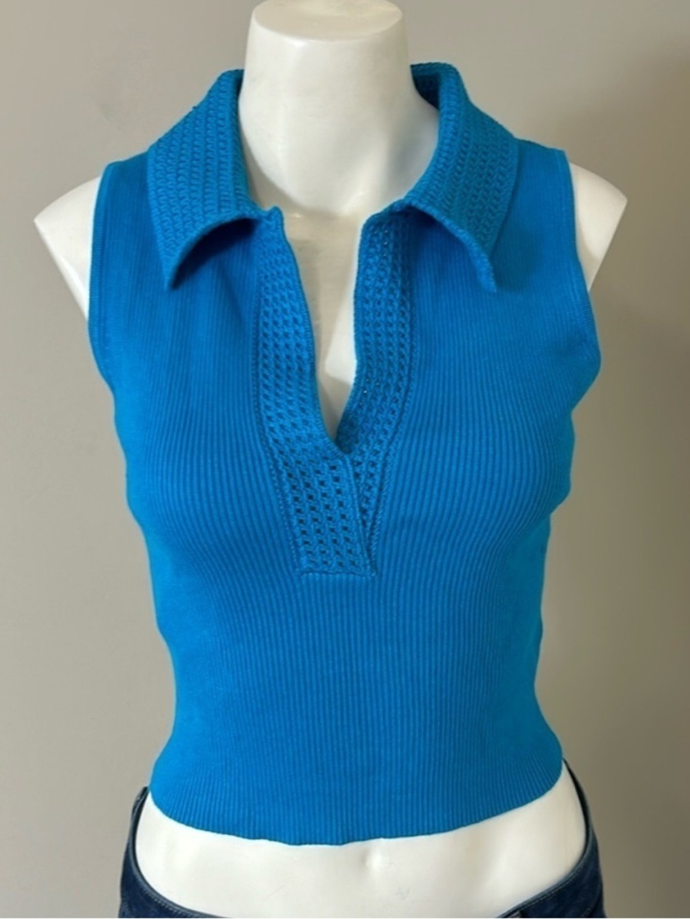 CAROLINE CONSTAS TURQUOISE CROP KNIT TANK TOP WITH COLLAR